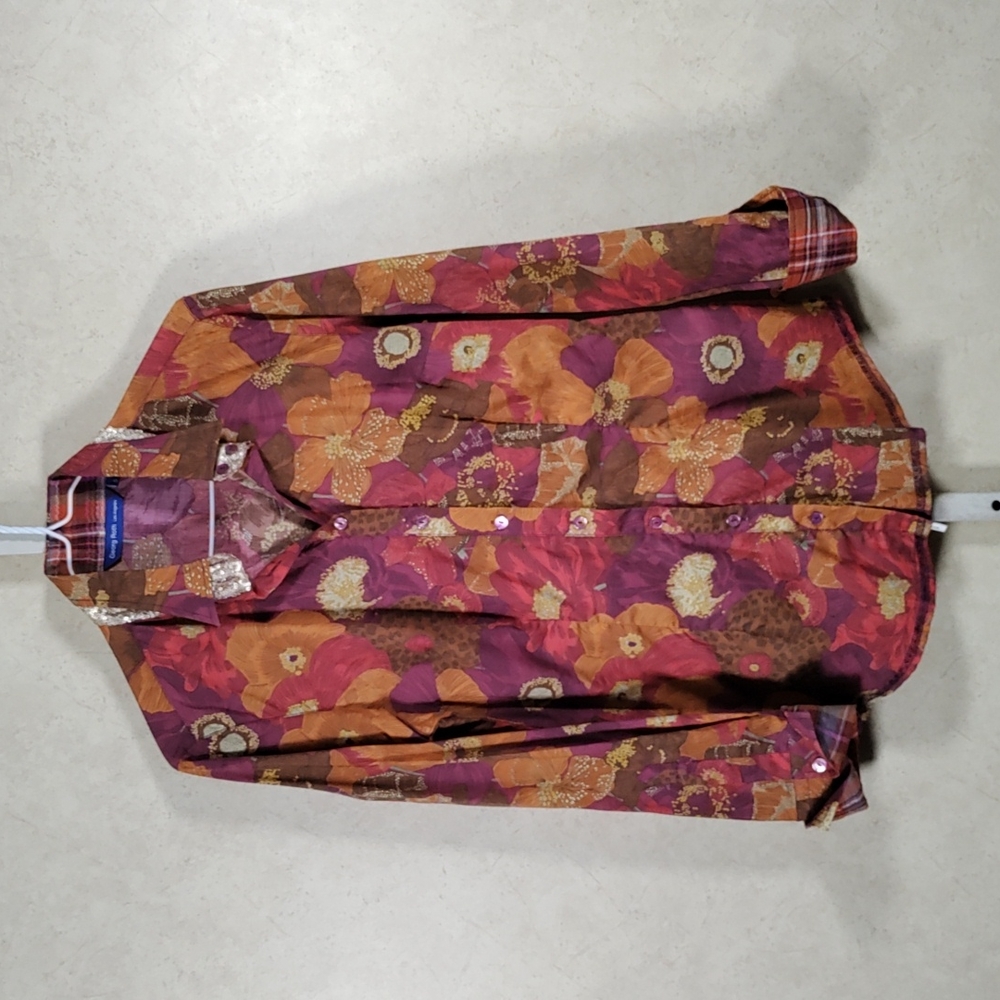 2/$10 04146 Georg Roth magenta & rust floral button blouse shirt S NEW